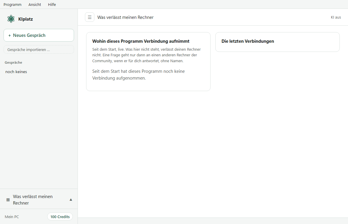 The program page “Was verlässt meinen Rechner” with the explanation and the list of the latest connections