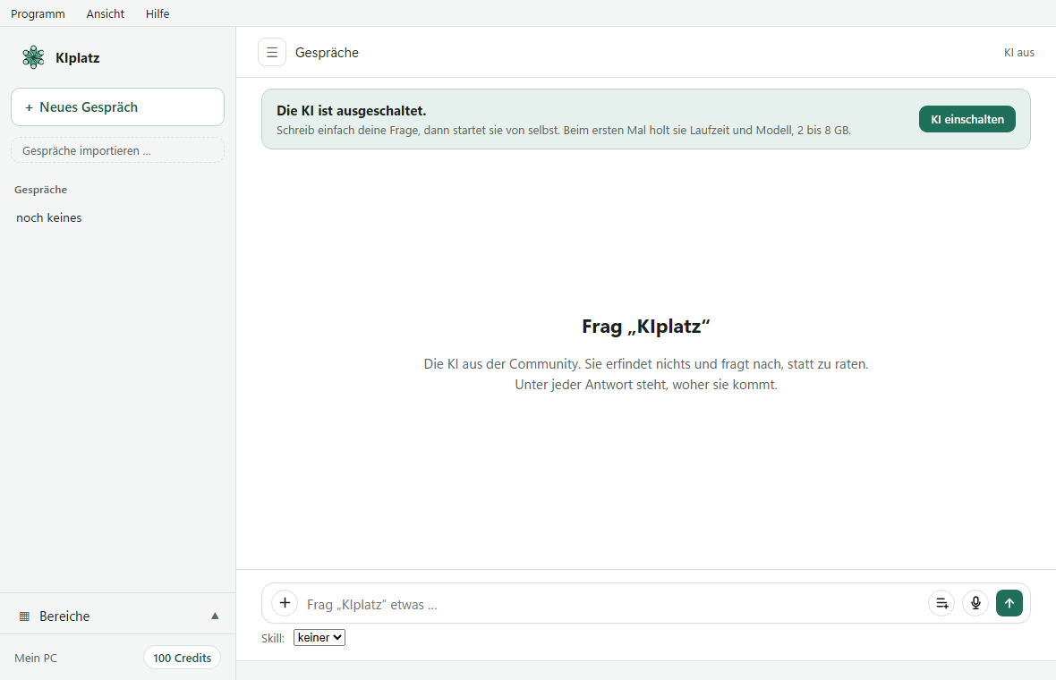 The program window: on the left the bar with Neues Gespräch (new conversation) and the conversations, in the middle an empty conversation with the input field at the bottom