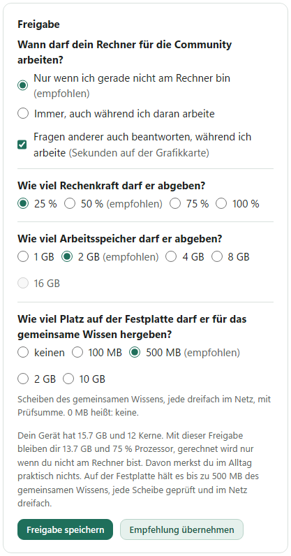 Die Karte Freigabe mit den Fragen, wann der Rechner mitarbeiten darf und wie viel Rechenkraft, Arbeitsspeicher und Platz er abgibt