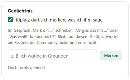 Die Karte Gedächtnis unter Einstellungen mit dem Schalter, einem Eingabefeld und dem Knopf Merken