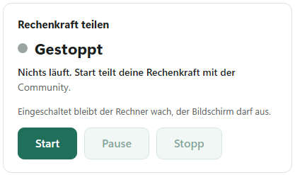 The Share computing card with the state Gestoppt (stopped) and the buttons Start, Pause and Stop