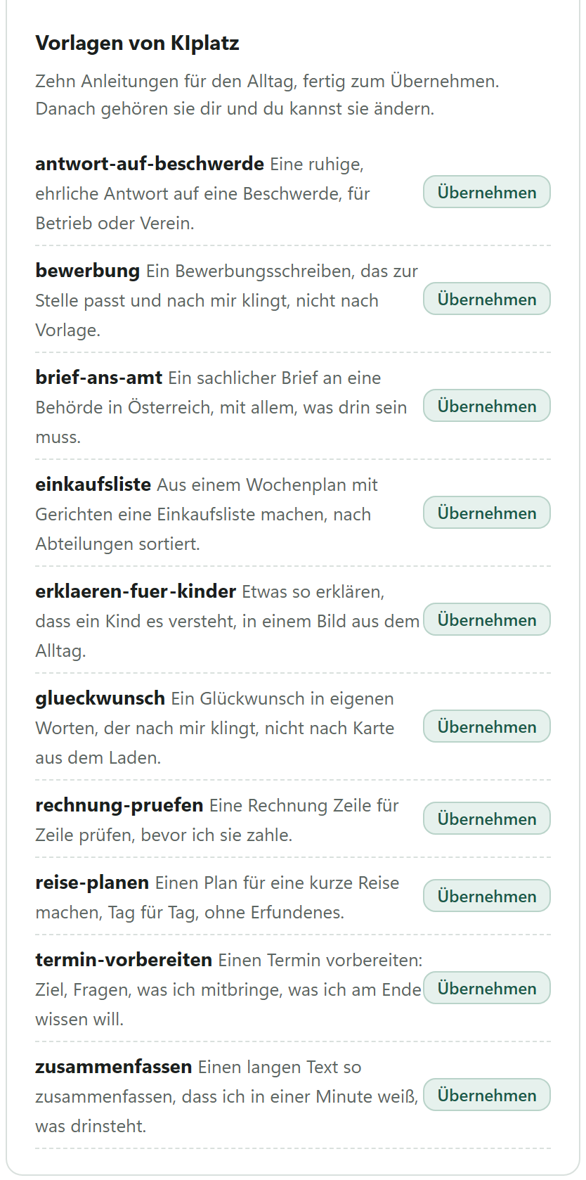 Ausschnitt aus dem Programm: Vorlagen für eigene Skills, die man mit einem Klick übernimmt