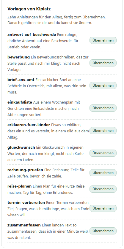 Die Vorlagen von KIplatz auf der Seite Skills, jede mit dem Knopf Übernehmen