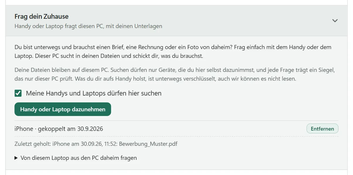 The Ask your home section on the PC with a connected iPhone and the line Zuletzt geholt (fetched most recently)