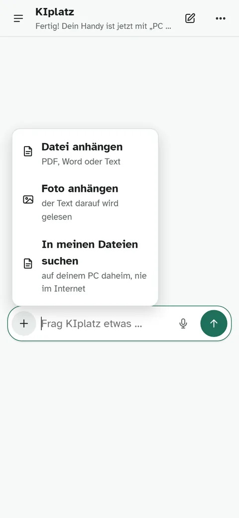 The KIplatz app with the plus menu open and the entry to search my files